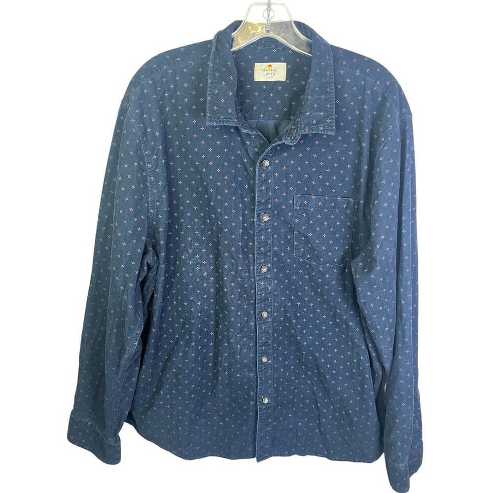 Marine Layer Stretch Selvedge Button Down Shirt Mens Sz L Navy Corded Pocket